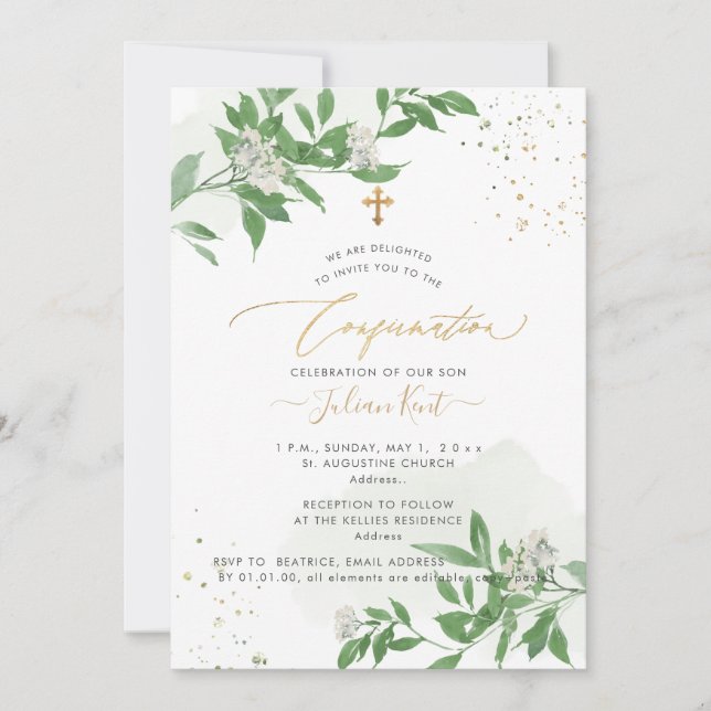 PixDezines H2 Greenery White Blossoms Confirmation Invitation (Front)