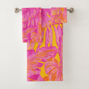 PixDezines H2 Hawaiian Jungle Hot Pink Orange Bath Towel Set