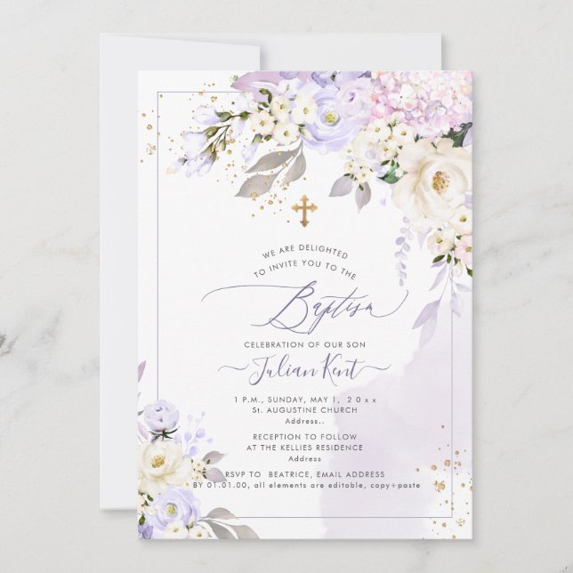PixDezines H2 Hydrangeas Cream Roses Baptism Invitation (Front)