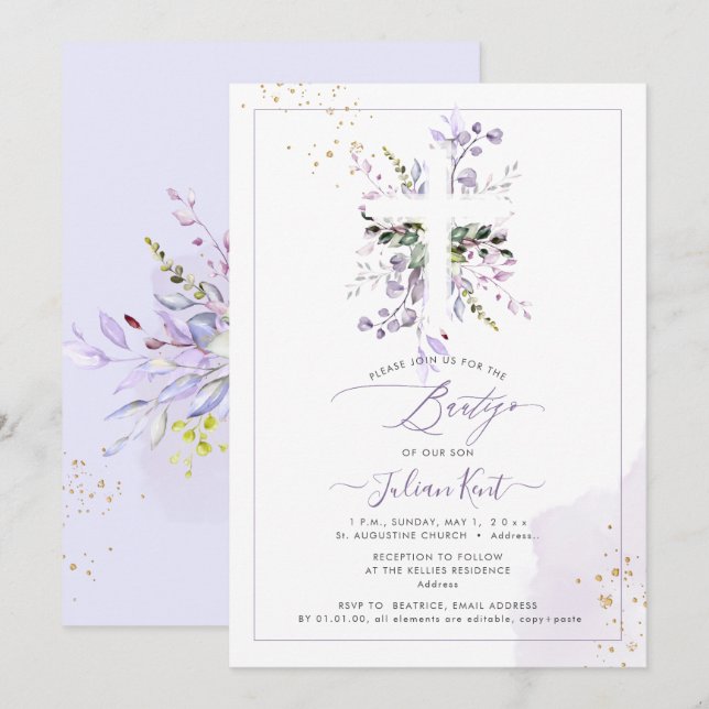 PixDezines H2 Lilac Purple Eucalyptus Bautizo Invitation (Front/Back)