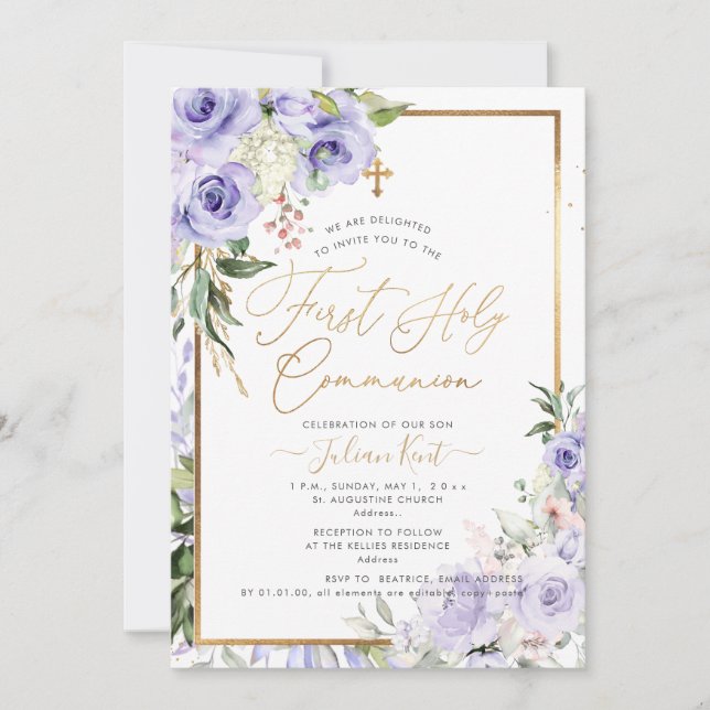 PixDezines H2 Purple Roses First Holy Communion Invitation (Front)