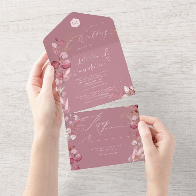 PixDezines H2 Rustic Dusty Rose Eucalyptus Gold All In One Invitation (Tearaway)