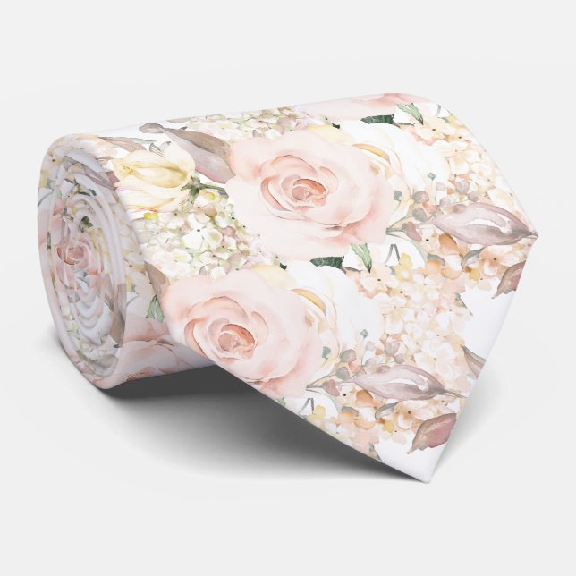 PixDezines H2 Summer Blush Cream Roses Hydrangea Tie (Rolled)