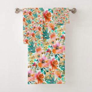 PixDezines H2 Summer Flowers Orange Hues Bath Towel Set