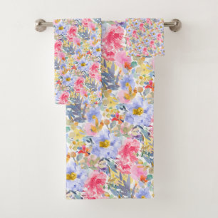 PixDezines H2 Summer Flowers Purple+Pink Bath Towel Set