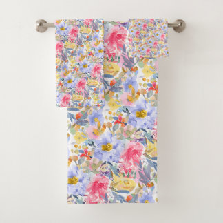 PixDezines H2 Summer Flowers Purple+Pink Bath Towel Set