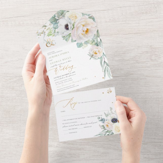 PixDezines H2 White Peonies Anemone All In One Invitation (Tearaway)