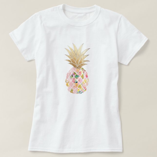 PixDezines Hawaii, Aloha Pink Pineapple/Faux Gold T-Shirt (Design Front)