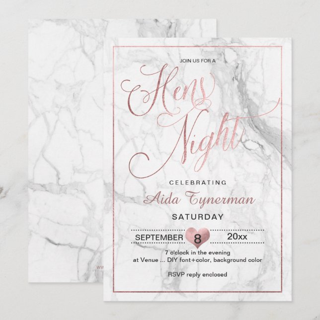 PixDezines Hens Night Faux Rose Gold Script+Marble Invitation (Front/Back)