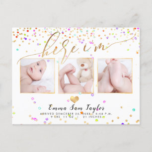 PixDezines Here I'm Birth Announcement/Confetti Announcement Postcard