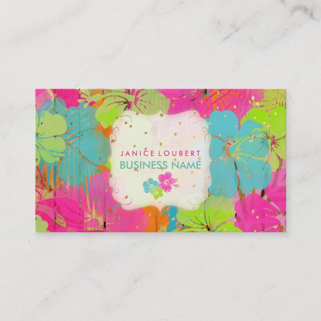 PixDezines hibiscus/rainforest/wood panels Business Card (Front)