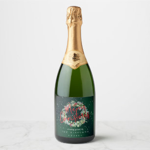 PixDezines Holiday Cheers Winter Wreath Emerald Sparkling Wine Label