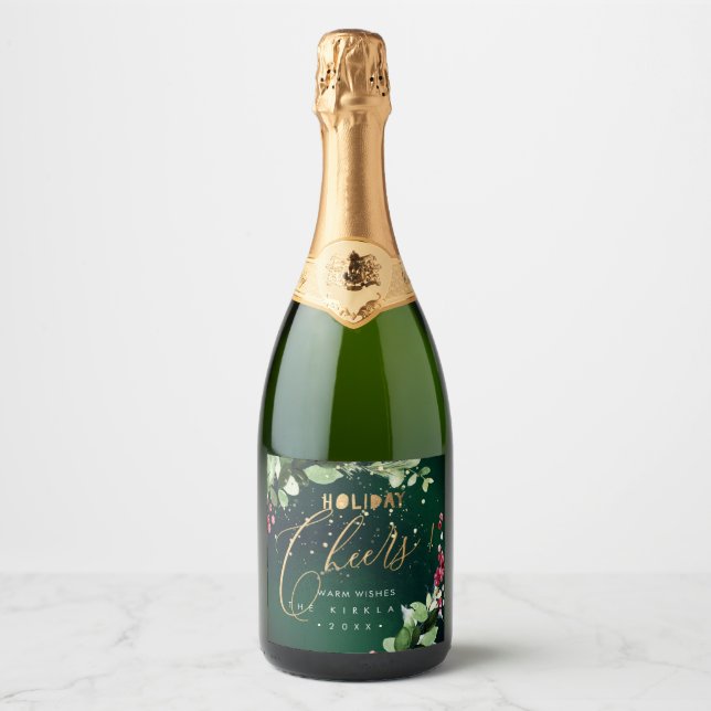 PixDezines Holiday Cheers Winter Wreath Emerald Sparkling Wine Label (Front)