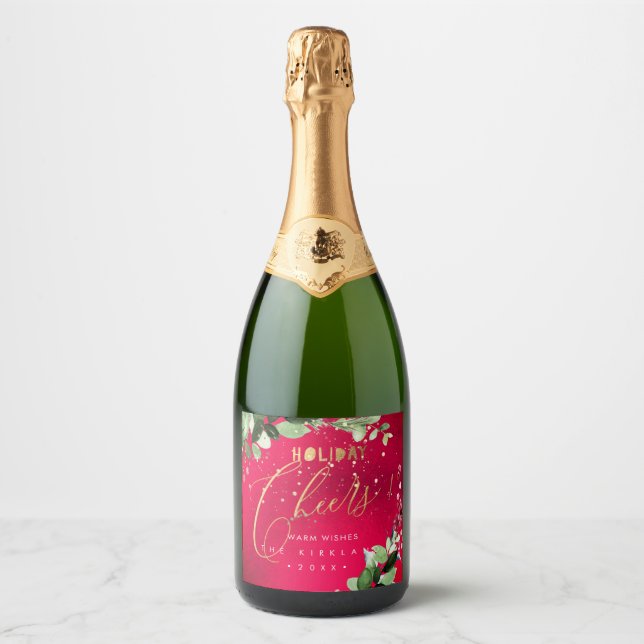 PixDezines Holiday Cheers Winter Wreath Red Sparkling Wine Label (Front)