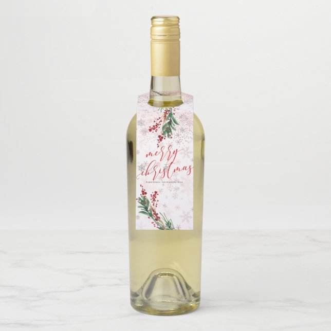 PixDezines Holly Berries|Rose Gold Snowflakes Bottle Tag (On Bottle)