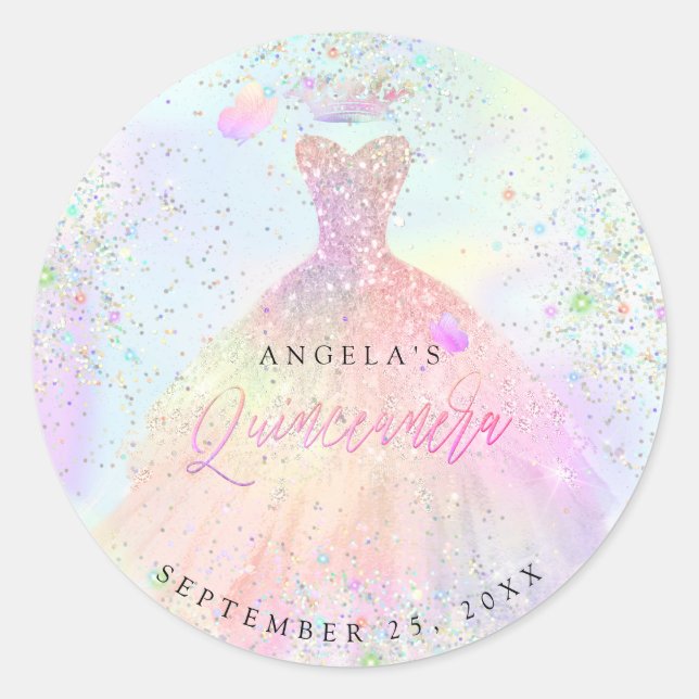 PixDezines Holographic Quinceanera Gown Glitter Classic Round Sticker (Front)