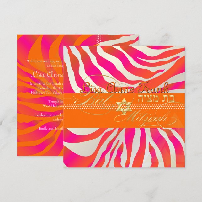 PixDezines Hot Pink+Orange Zebra, Bat Mitzvah Invitation (Front/Back)