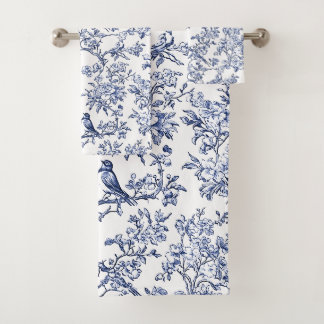 PixDezines Indigo Blue Chinoiserie, Bird Peonoies Bath Towel Set