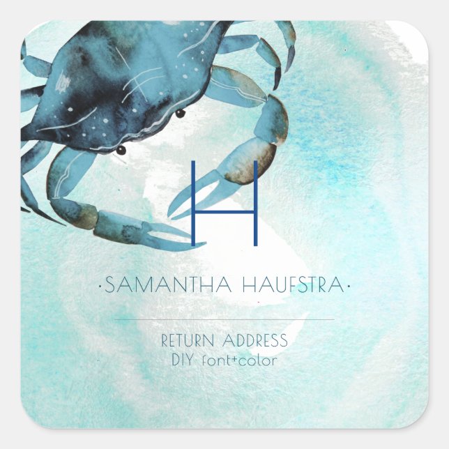 PixDezines Indigo Blue Crab Monogram Beach Square Sticker (Front)