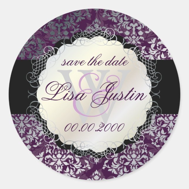 PixDezines Josephine Damask/DIY colour/plum Classic Round Sticker (Front)