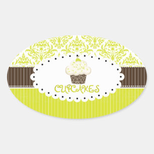 PixDezines key lime cupcake+damask/DIY colour Oval Sticker
