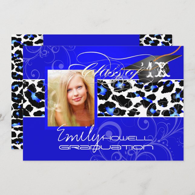 PixDezines Leopard Print Graduation, Electric Blue Invitation (Front/Back)