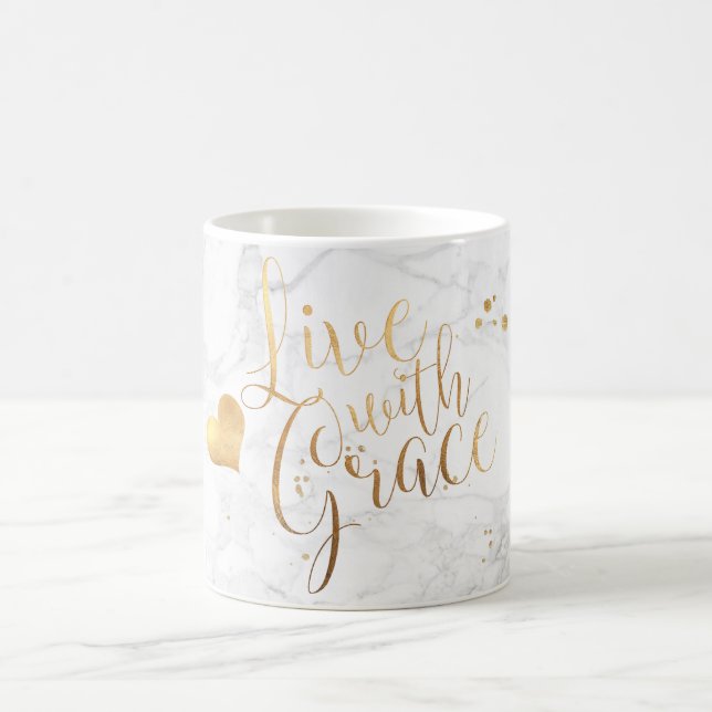 PixDezines LIVE WITH GRACE/Marble+Faux Gold Script Coffee Mug (Center)