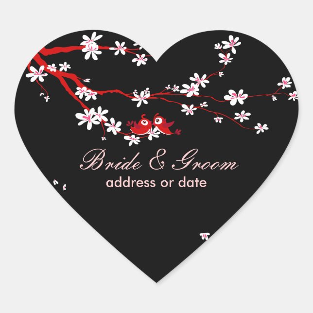 PixDezines Love birds/red cherry/sakura blossoms Heart Sticker (Front)
