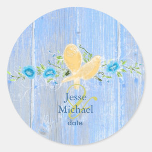 PixDezines love birds+rustic blue wood panels Classic Round Sticker