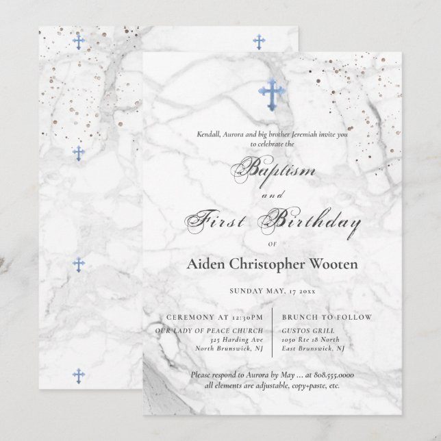 PixDezines Marble Blue Cross Baptism 1st Birthday Invitation (Front/Back)
