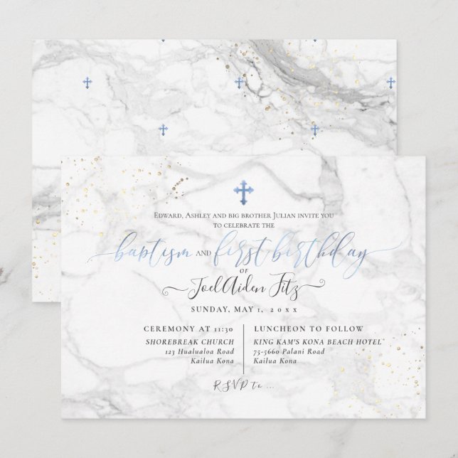 PixDezines Marble Cross Baptism 1st Birthday Invitation (Front/Back)