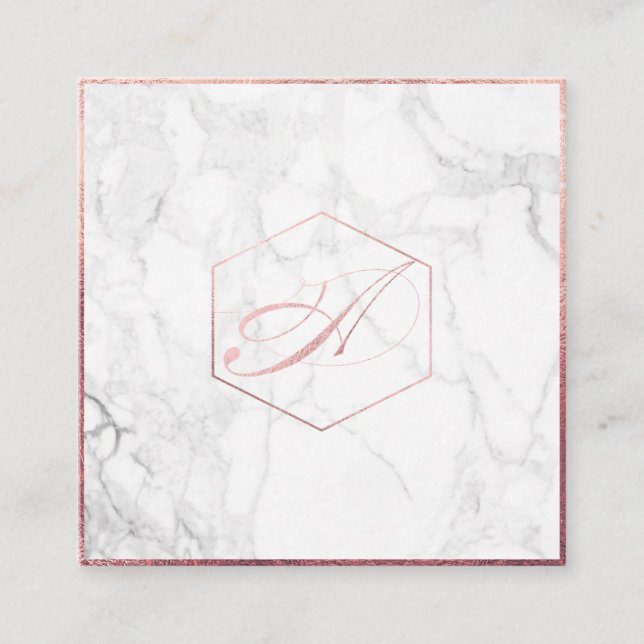 PixDezines Marble+Elegant Faux Rose Gold Monogram Square Business Card (Front)