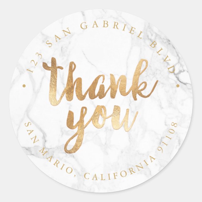 PixDezines Marble Faux Gold Brush ScriptThank You Classic Round Sticker (Front)