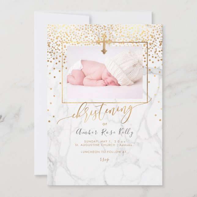 PixDezines Marble+Faux Gold Confetti Christening Invitation (Front)