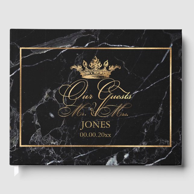 PixDezines Marble+Faux Gold Crown+Fancy Script Guest Book (Front)