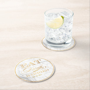 PixDezines Marble Faux Gold/Eat/Drink/Be Married Round Paper Coaster