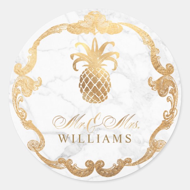 PixDezines Marble+Faux Gold Pineapple Classic Round Sticker (Front)
