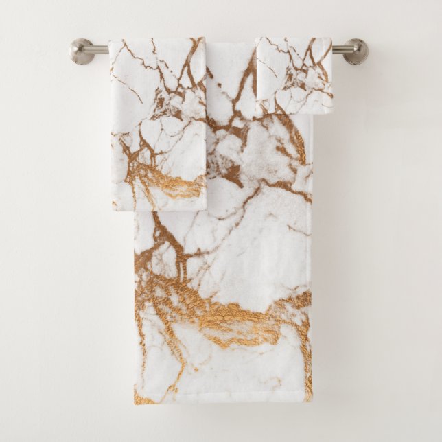 PixDezines Marble + Faux Gold Veins Bath Towel Set (Insitu)