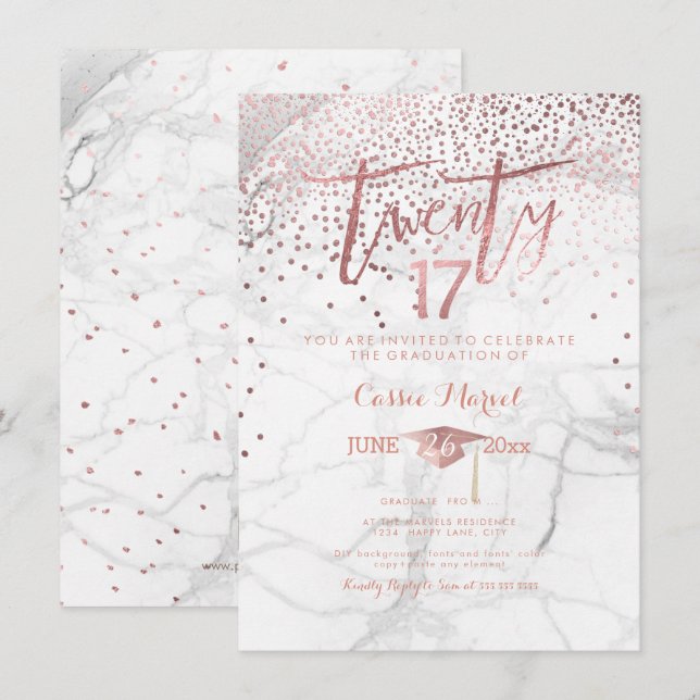 PixDezines Marble Faux Rose Gold 2017 Graduation Invitation (Front/Back)
