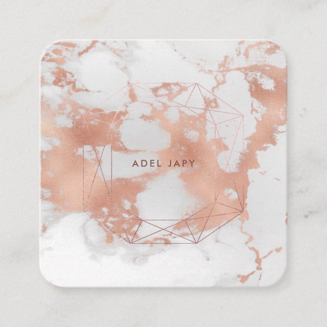 PixDezines Marble+Faux Rose Gold Emerald Cut Square Business Card (Front)