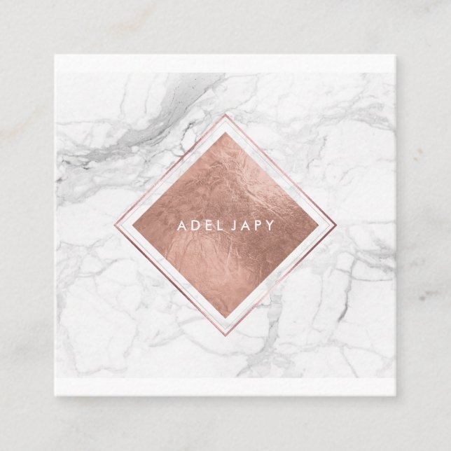 PixDezines Marble+Faux Rose Gold Foil Square Business Card (Front)