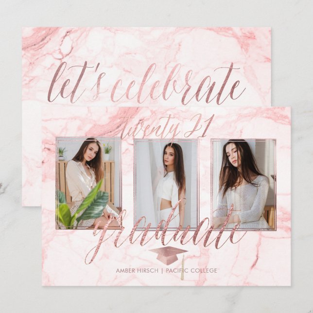 PixDezines Marble Faux Rose Gold Graduation Invita Invitation (Front/Back)