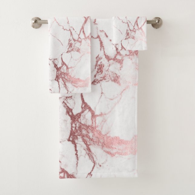 PixDezines Marble + Faux Rose Gold Veins Bath Towel Set (Insitu)