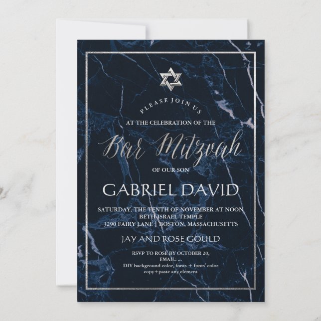 PixDezines Marble Faux Silver Star Bar Mitzvah Invitation (Back)