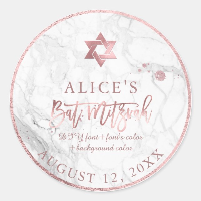 PixDezines Marble Mitzvah Stickers/Rose Gold Classic Round Sticker (Front)