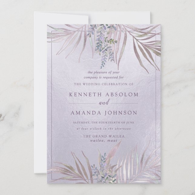 PixDezines Mauve+Lilac Palms, Iridescent Invitation (Front)