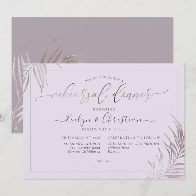 PixDezines Mauve Palms Rehearsal Dinner Invitation (Front/Back)
