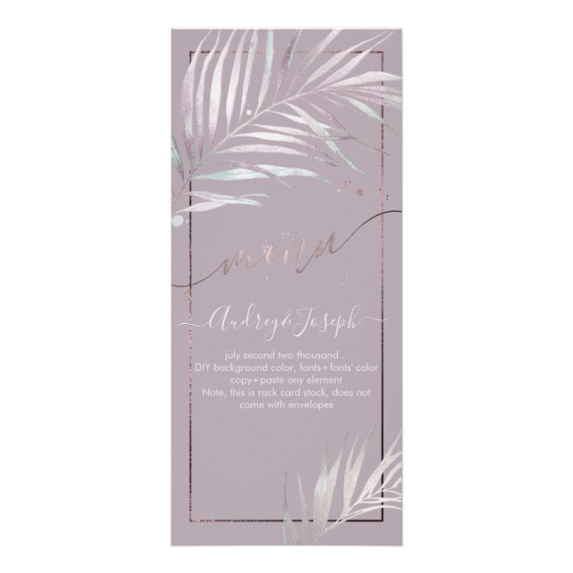 PixDezines Menu, Palms in Mauve+Lilac Rack Card (Front)