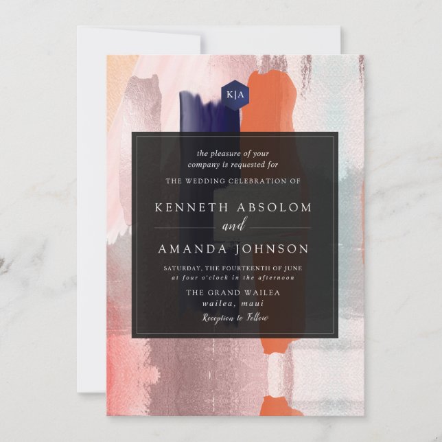PixDezines Modern Art Colour Block Navy Blush Invitation (Front)