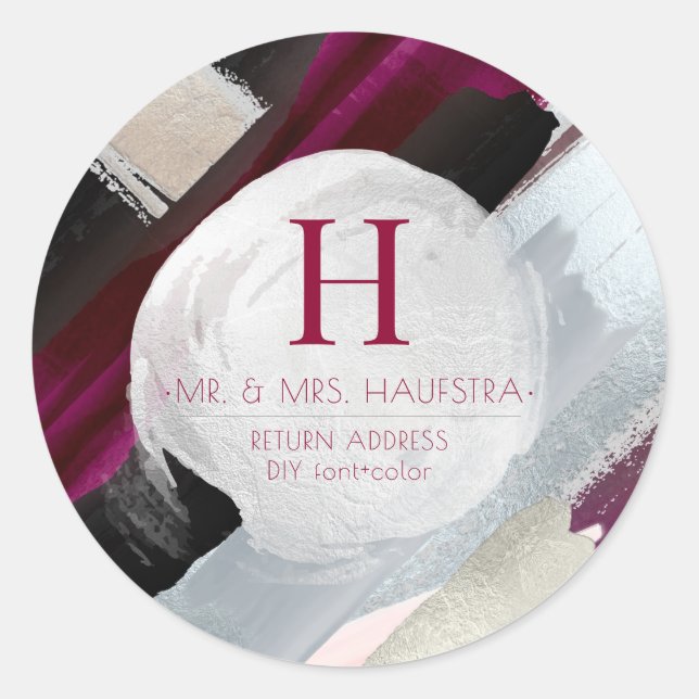 PixDezines Monogram, Blush+Burgundy Watercolor Classic Round Sticker (Front)